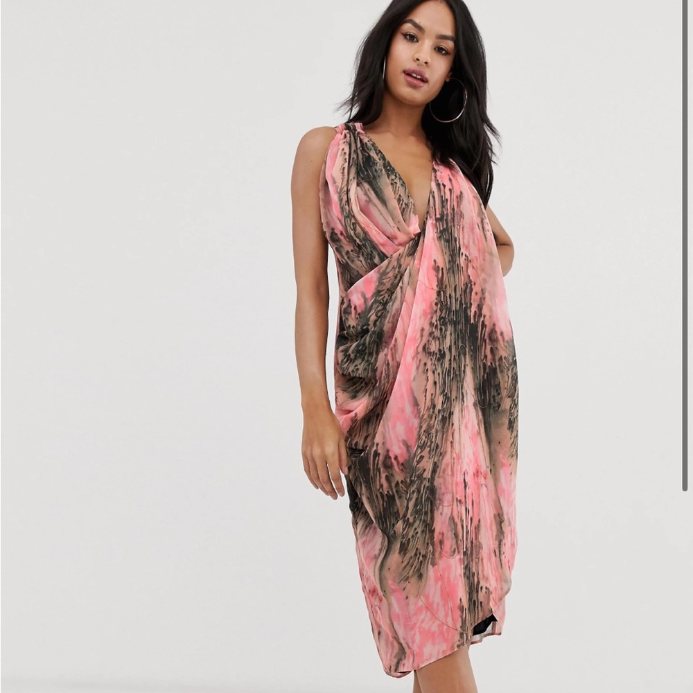 ASOS DESIGN New Drape Front Midi Dress in Abstract Pink & Black Print - US4